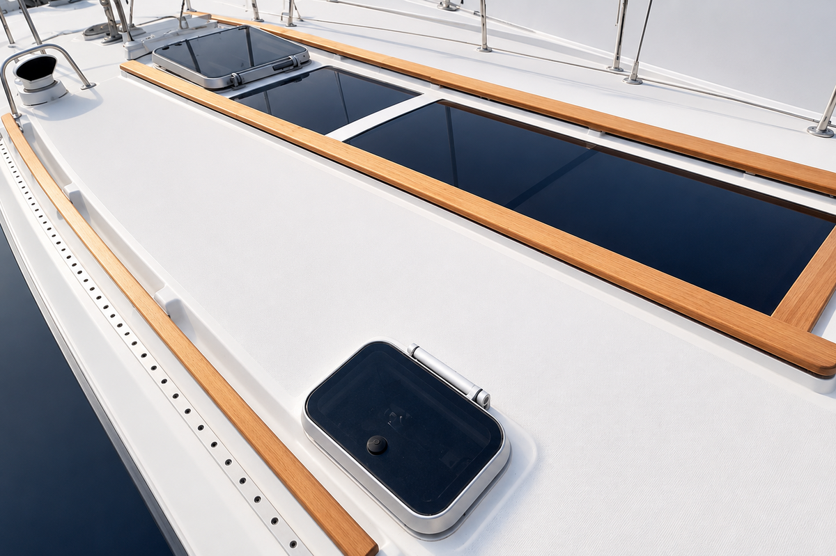Navira premium teak complements installed on a yacht deck